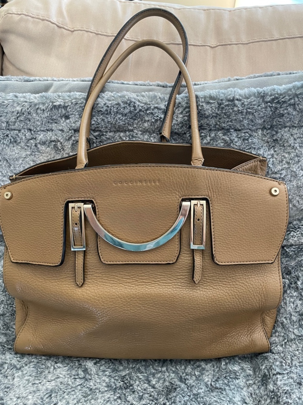 Coccinelle Tawny Brown Pebble Leather Tote Shoulder Bag with Polished Accent NWT